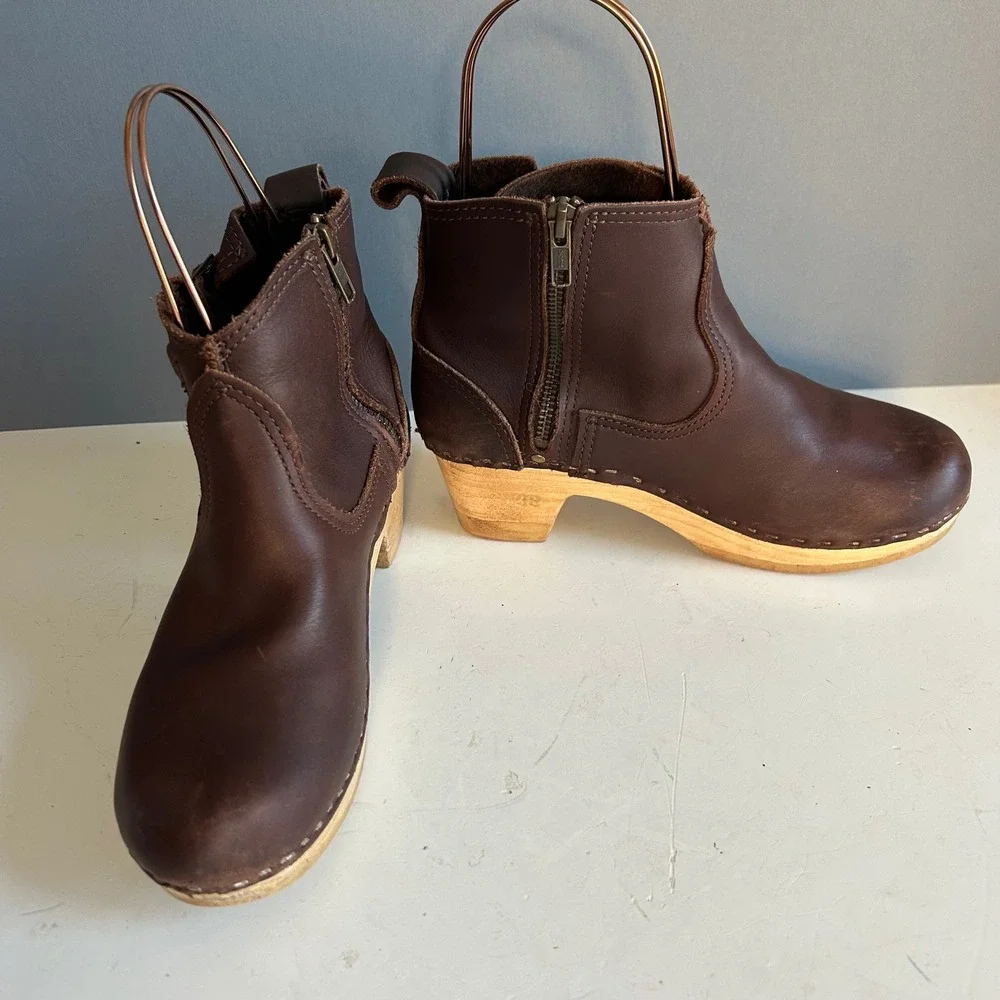 No 6 clog ankle boots size 8 / 38 brown Moto Leather Wood Heel Buckle Swedish - Picture 5 of 14